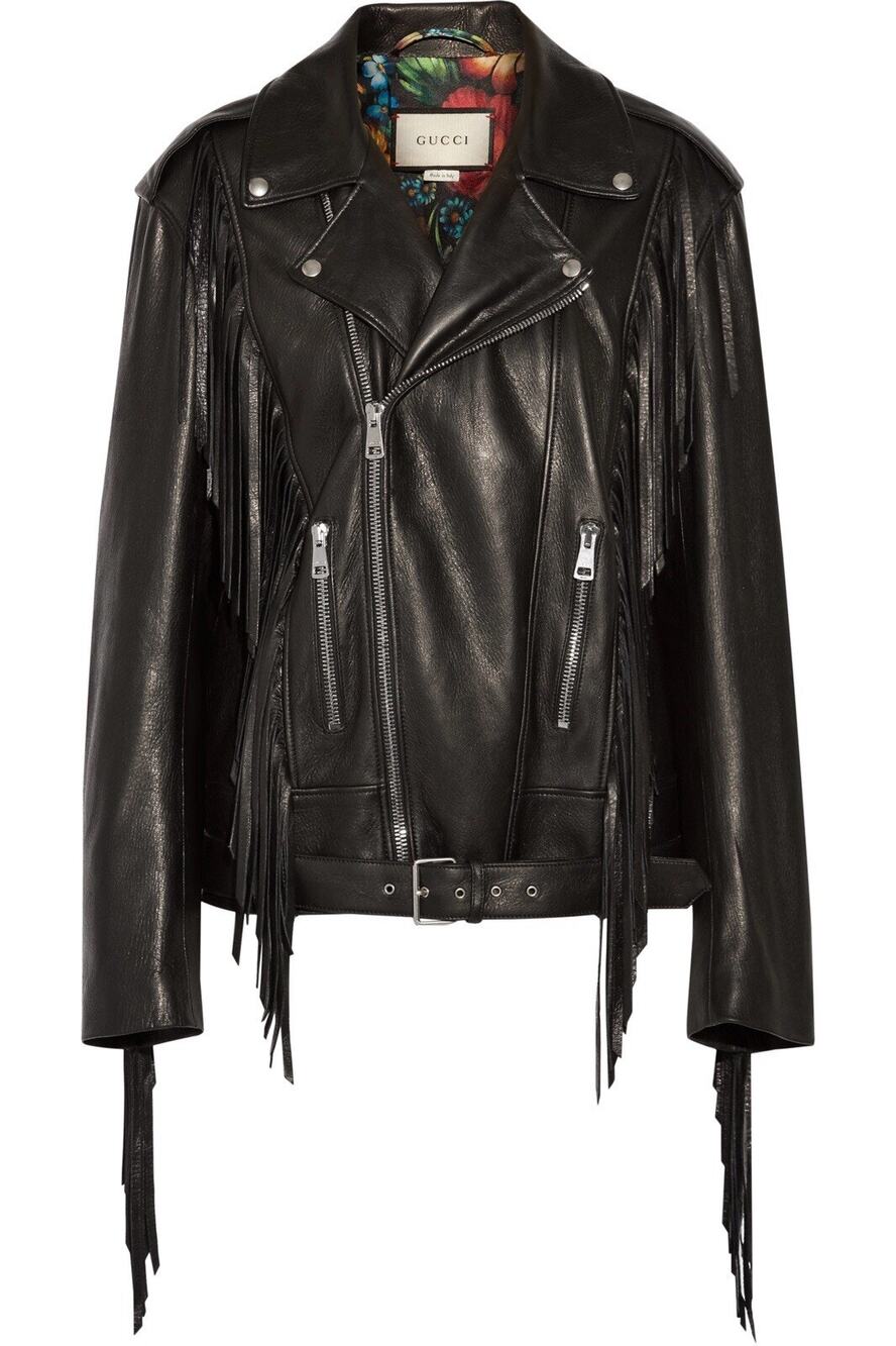 NWT Gucci Black Leather Fringed Beaded Belted Biker Jacket 42EU/6US $6800.00